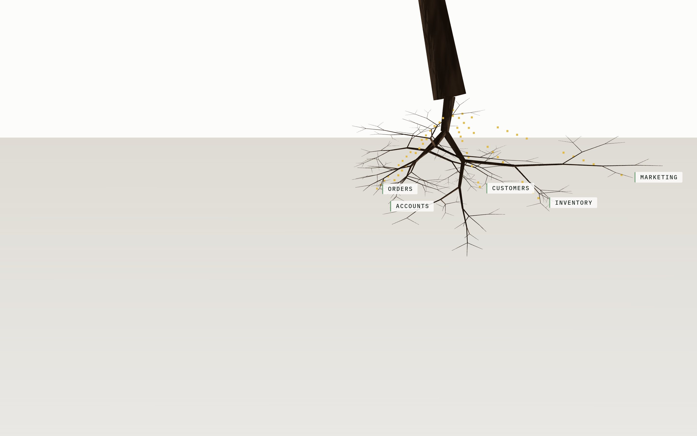 A cutaway of the ground where the tree's roots are the company's records: orders, accounts, customers, inventory and marketing
