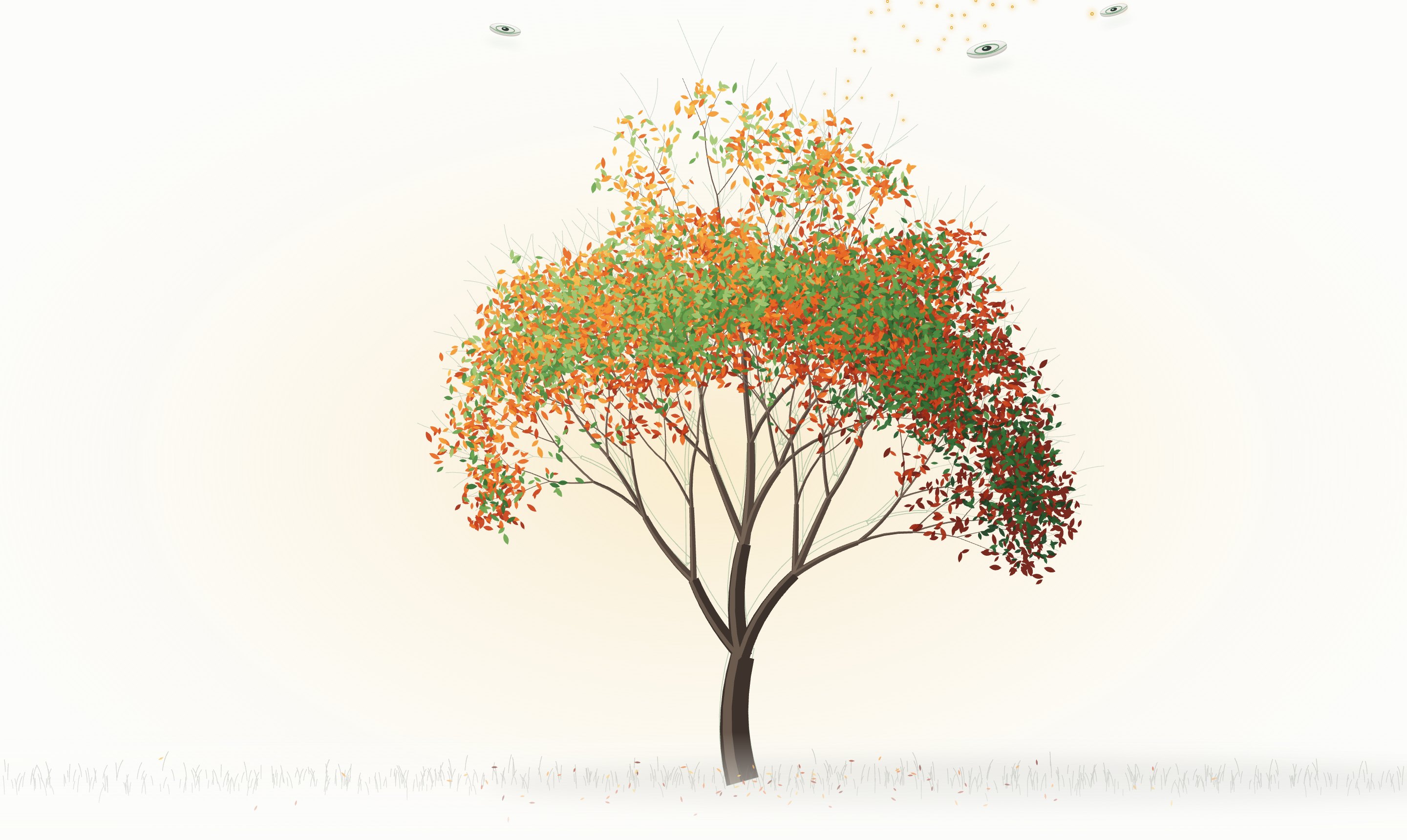 At golden hour the company's tree has grown into the outline of its giant version while drones lift away