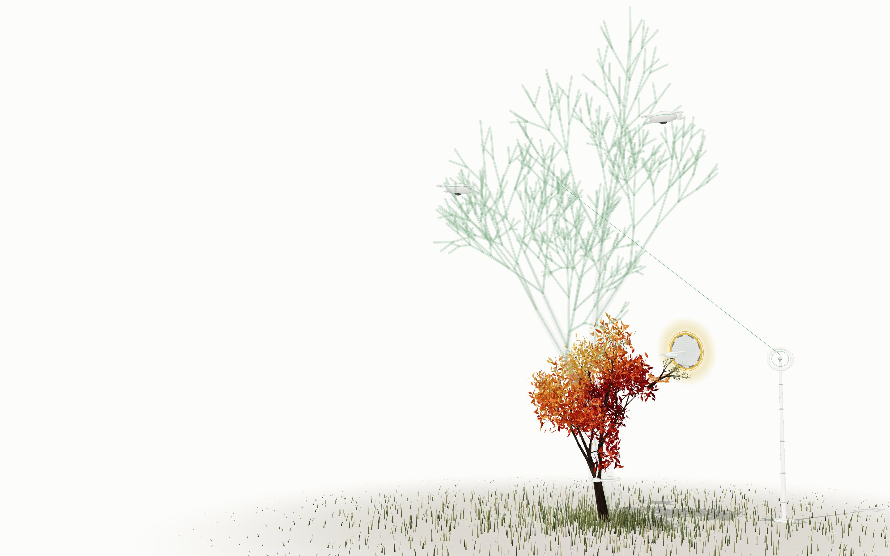 Your company's tree in autumn, its giant version drawn in light behind it, and Aktara's machines at work